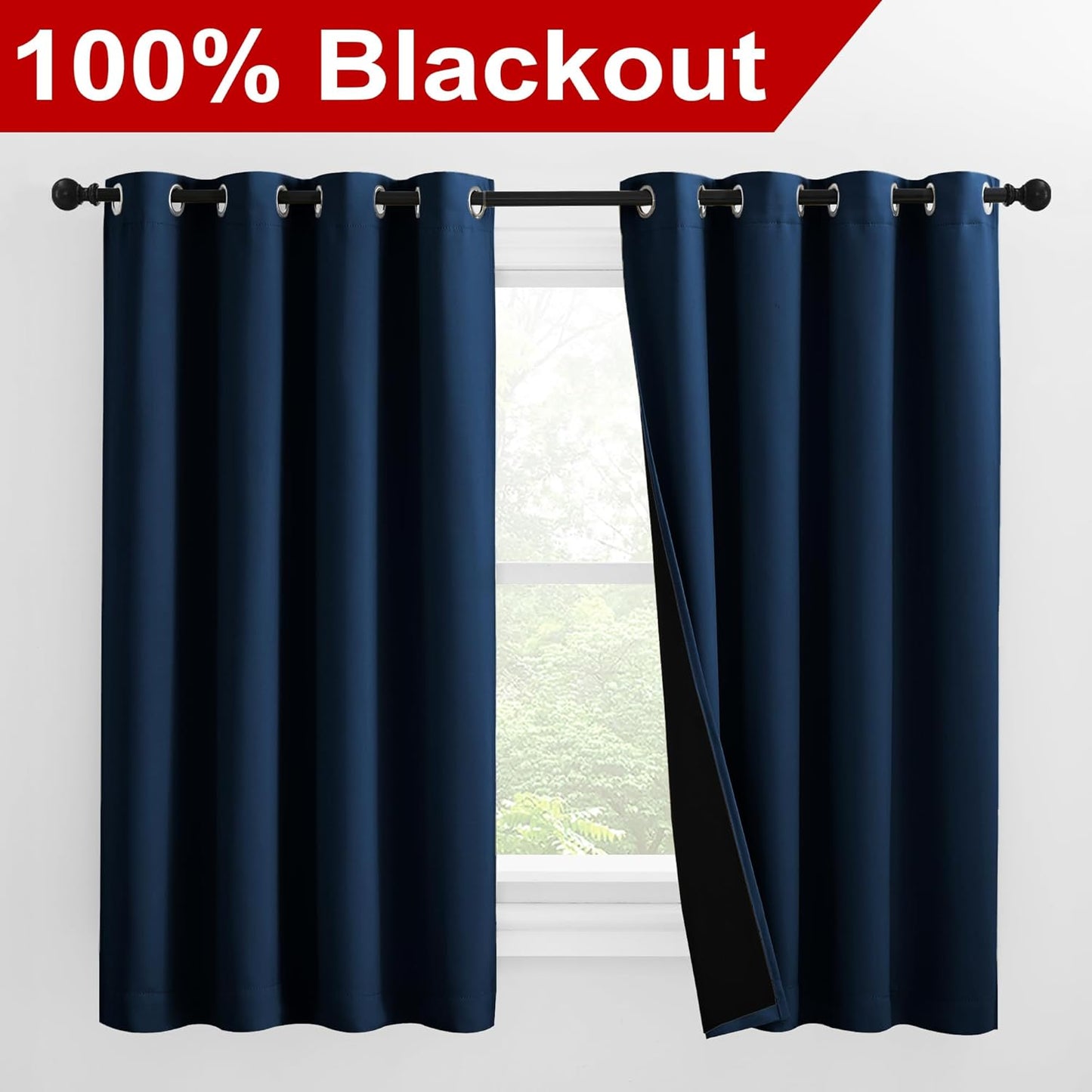 NICETOWN 100% Blackout Curtains with Black Liners, Thermal Insulated Full Blackout 2-Layer Lined Drapes, Noise Cancellation Window Draperies for Dining Room (Moroccan Blue, 2 Panels, 55" W by 57" L)