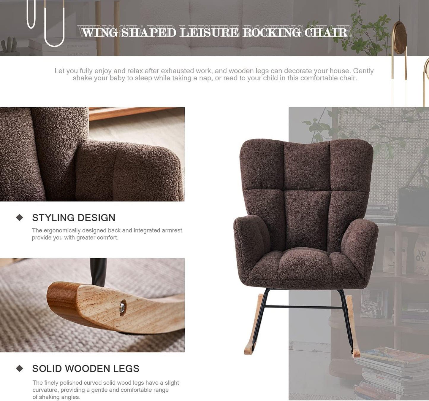 Nursery Rocking Chair, Teddy Upholstered Glider Rocker with High Backrest Armchair, Modern Rocking Accent Chairs for Nursery, Living Room, Bedroom, Offices (Brown)