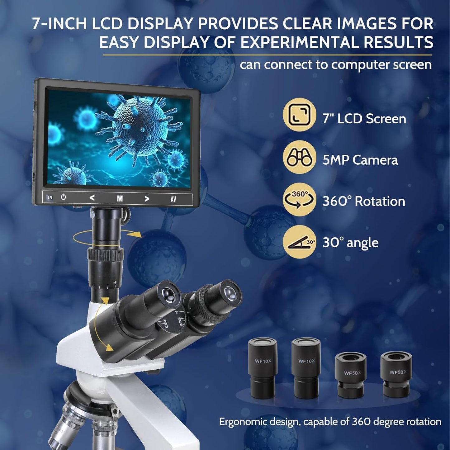 40X-5000X Compound trinocular Microscopes trinocular for Adults,Display Screen, Microscope Accessories, Microscopes for School Laboratory Home Education Abbe Condenser