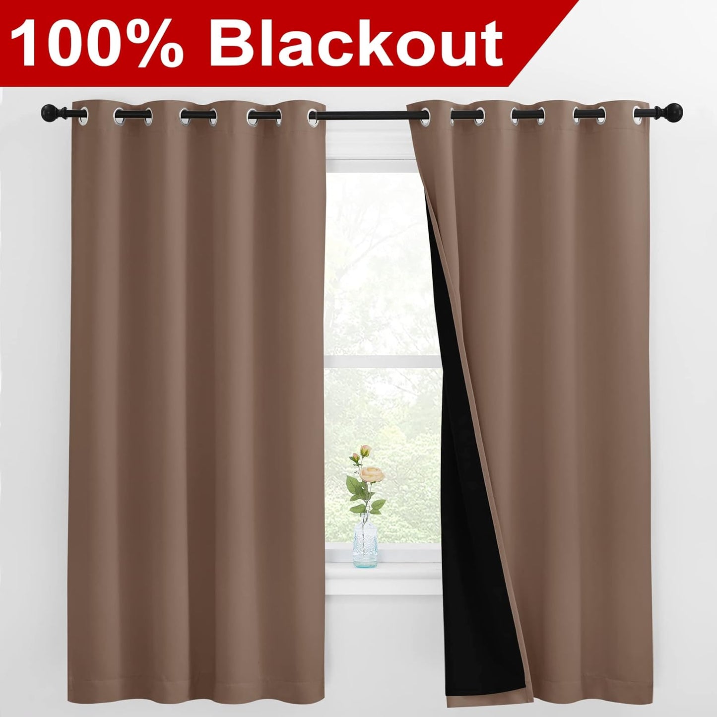 NICETOWN Total Blackout Panels for Nursery, Super Soft, Heavy Duty and Thick Window Treatment Curtains 68 inches Long with Black Lined for Basement, (1 Pair, Cappuccino, 55 inches Wide Each Panel)