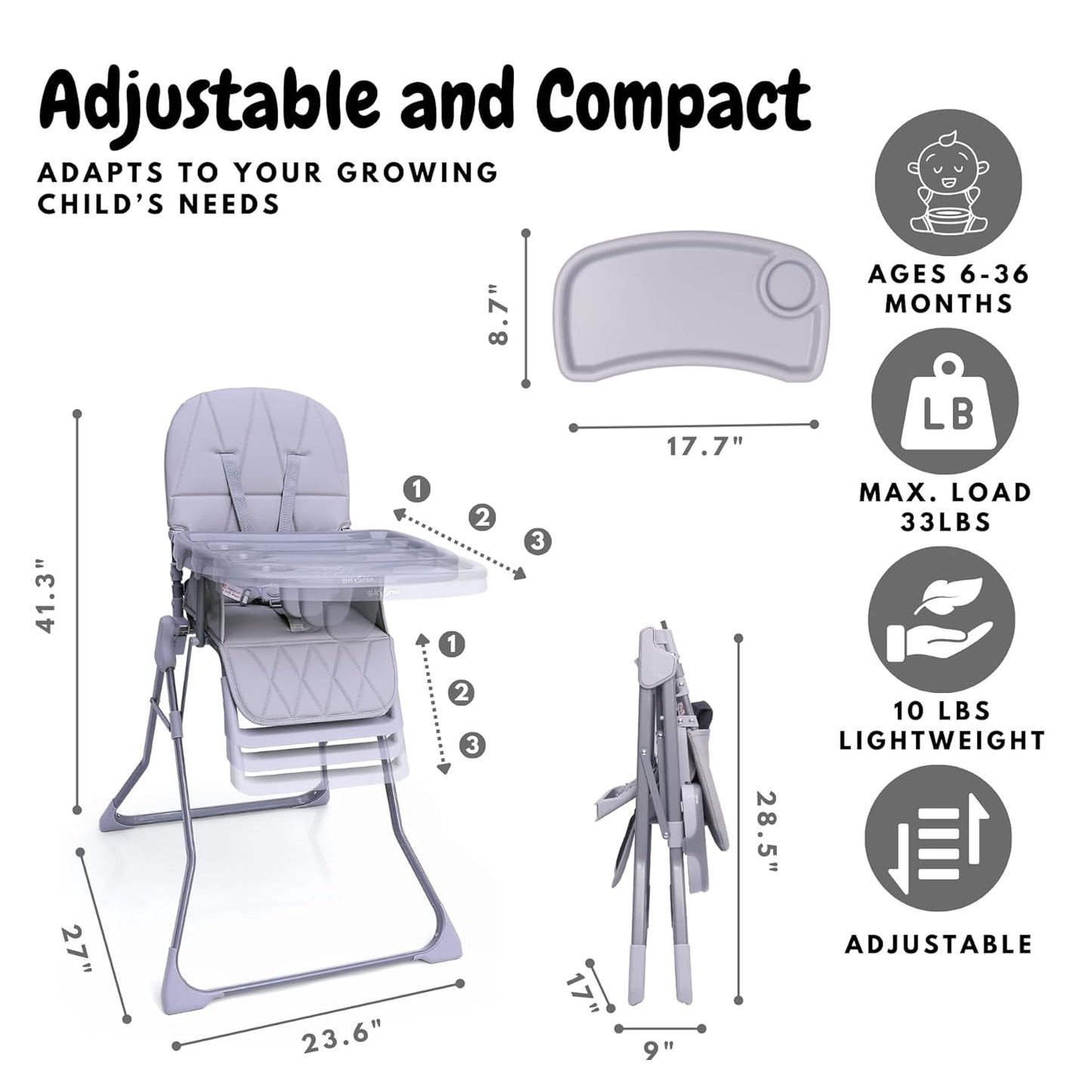 Foldable Baby High Chair with Easy Clean Double-Layer Tray, Adjustable Foot Rest, Safety First 5 Point Harness, Compact Space Saver Baby Feeding Chair Portable for Travel