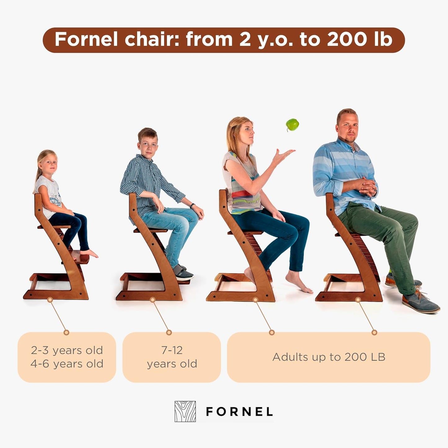 FORNEL Adjustable Wooden High Chair for Babies, Toddlers & Kids | The Grow-with-Me Chair from 6 Months to 200 lbs | Modern, Easy to Clean Dining Chair (Walnut)
