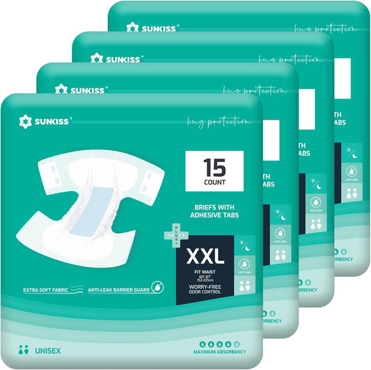 SUNKISS TrustPlus Adult Diapers with Maximum Absorbency, Unisex Disposable Incontinence Briefs with Tabs for Men and Women, Odor Control, XXLarge, 60 Count (4 Packs of 15)