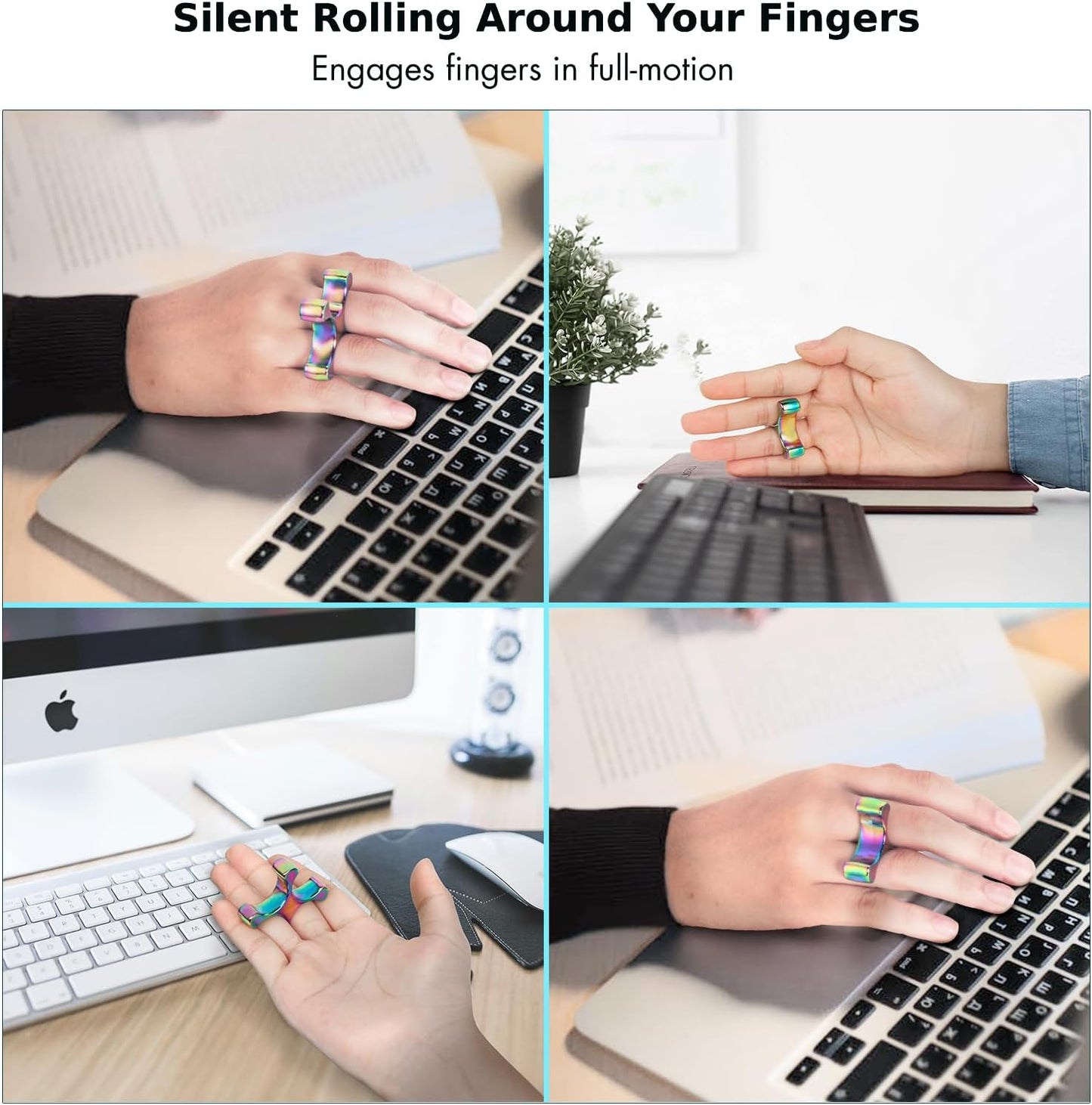 Fidget Toys Adults - Metal Finger Fidget Flipper 2Shapes - Quiet Unique Fidget Ring Stim Toys - Stocking Stuffer & Top Gadget Gift Idea (Rainbow)