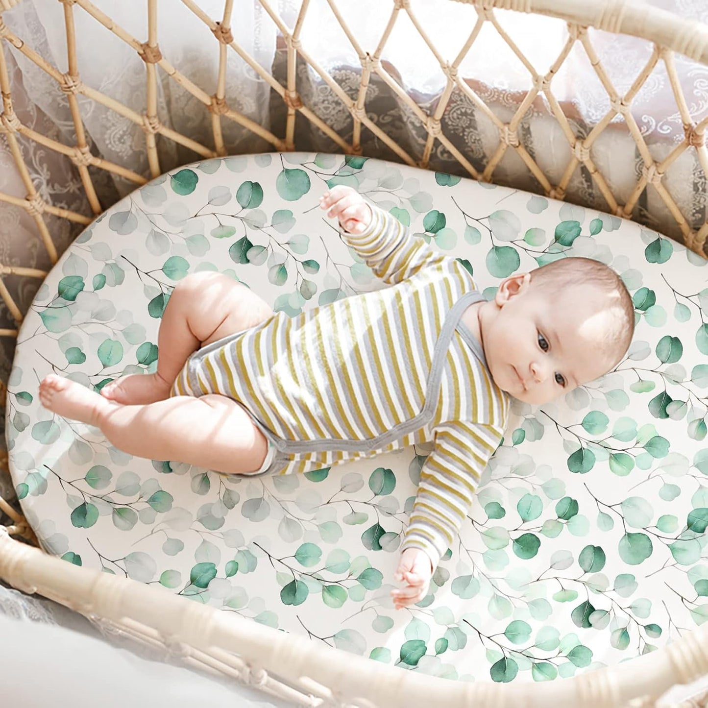 Gllquen Baby Bassinet Sheets 4 Pack, Breathable Cozy Fitted Mattress Sheet, Elastic Travel Crib Fashionable Floral Pattern, Standard Cradle Safe Sheets for Baby Boys Girls 32"x16"(Greenery)