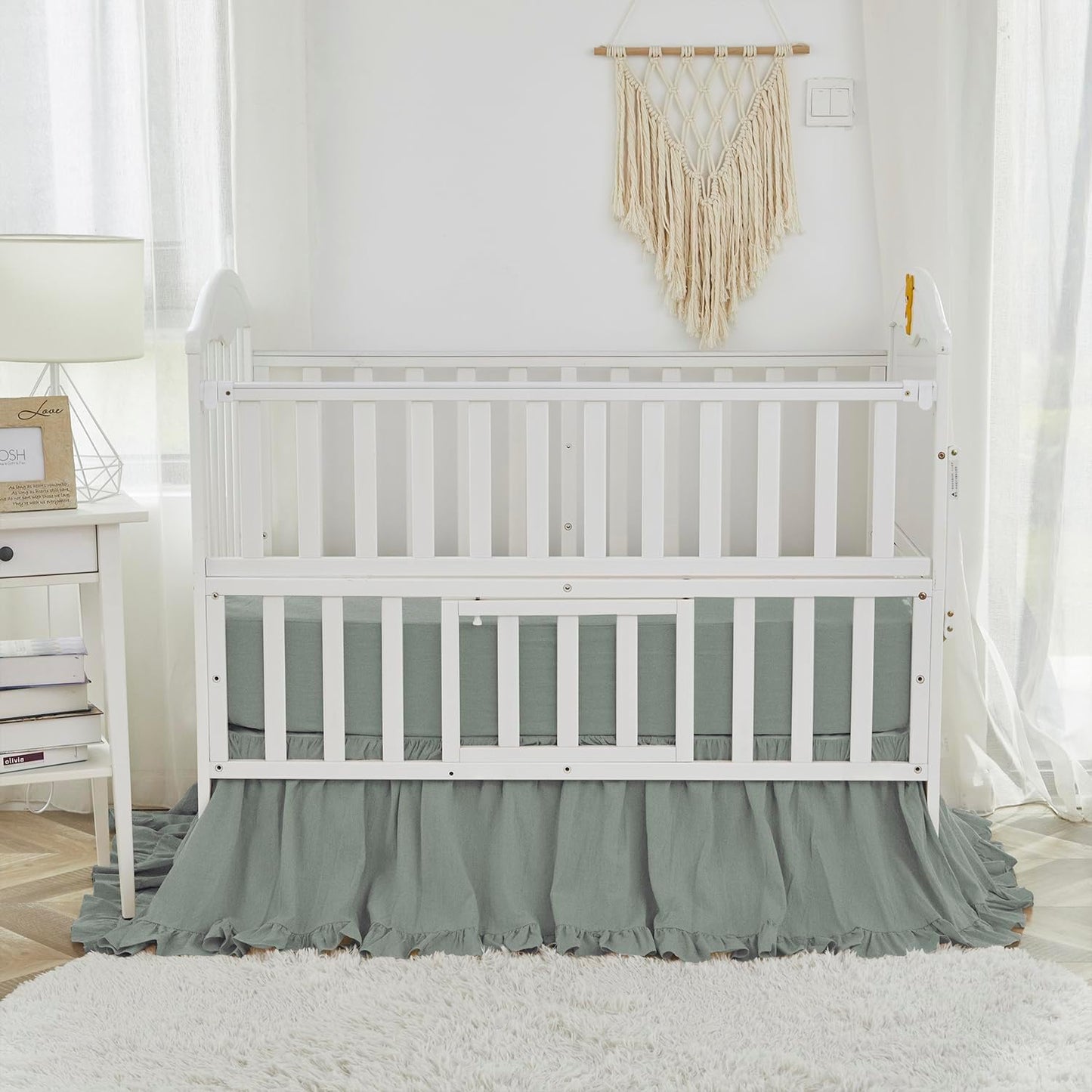 Brandream Gender Neutral Boho Bohemian Baby Girl Boy Nursery 3 Pieces Crib Bedding Set Solid Green Farmhouse Chic Ruffle Unisex Cozy 100% Washed Cotton
