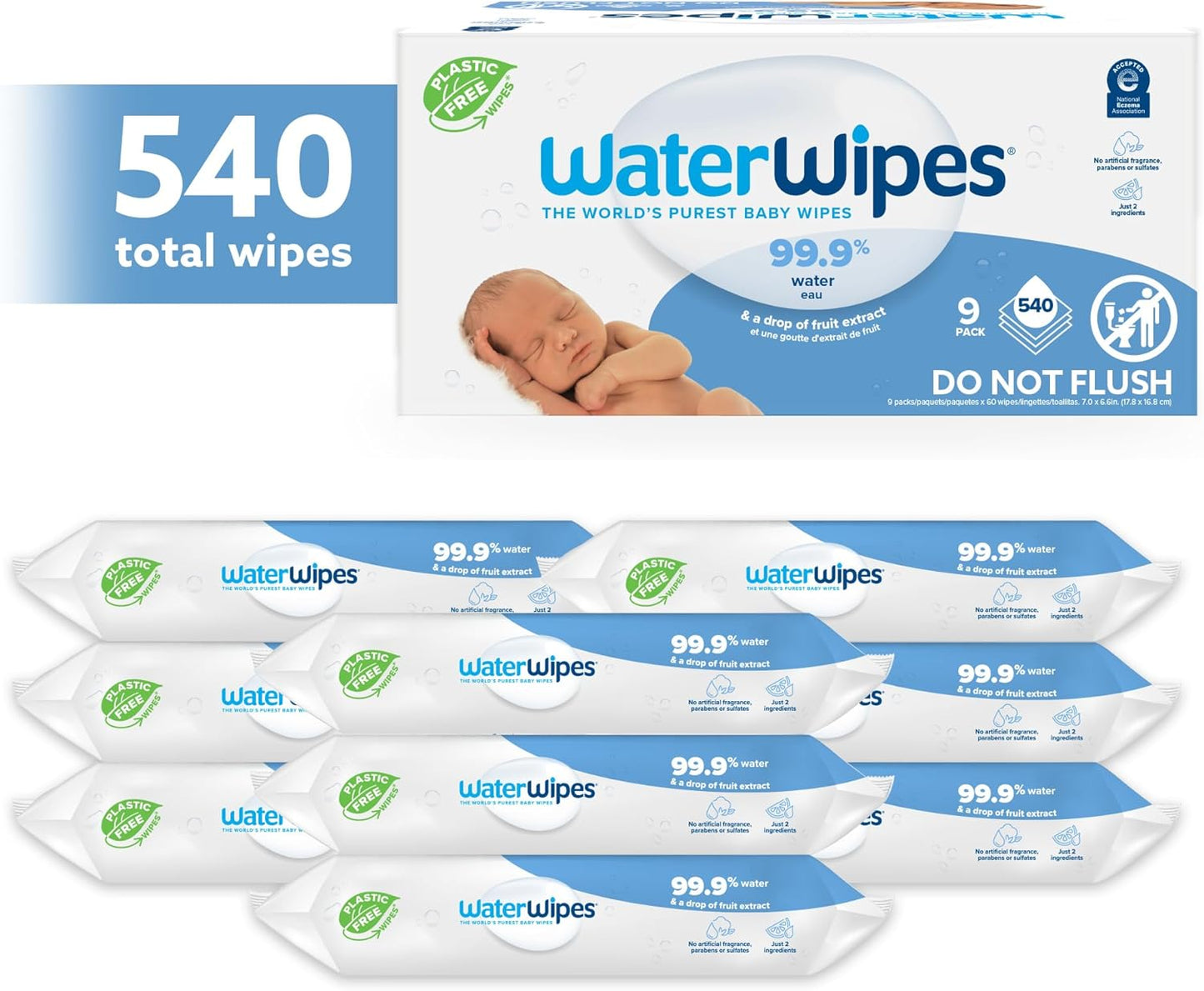 WaterWipes Sensitive+ Newborn & Baby Wipes, 3-In-1 Cleans, Cares, Protects, 99.9% Water, Unscented & Hypoallergenic, 540 Count (9 Packs)