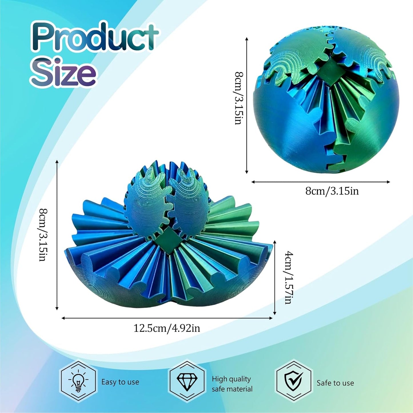 Gear Ball - GearSphere Fidget Toy, 3D Printed Gear Ball Spin Ball Cube Desk Toy, 2024 Gear Sphere Cube Puzzlefor Adults Kids, Stress and Anxiety Relaxing Fidget Toy (Blue-Green)