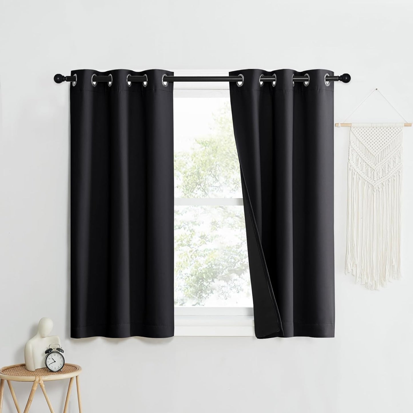 NICETOWN Complete 100% Blackout Curtain Set, Black, 37" W by 50" L, Double Panels, Thermal Insulated & Energy Efficiency Window Draperies with Black Liner, Noise Reducing Short Curtains for Kids Room