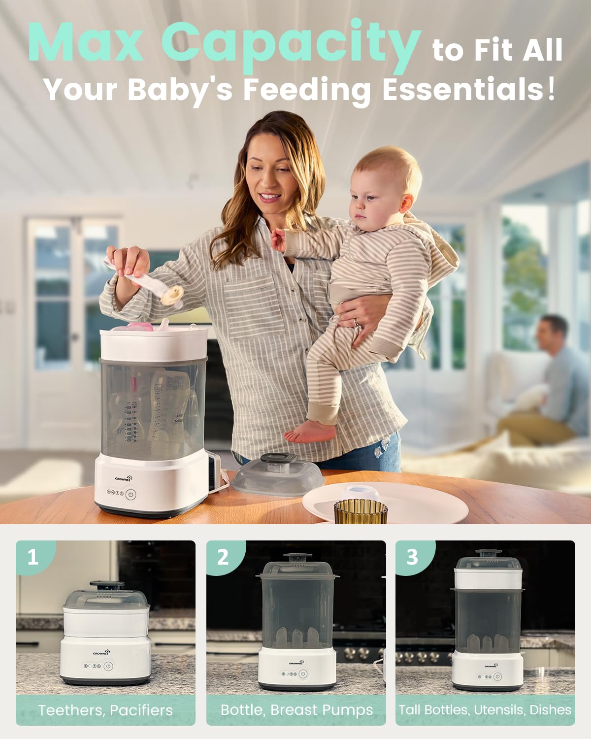 Bottle Sterilizer and Dryer, Compact Electric Steam Baby Bottle Sterilizer (Esterilizador de Biberones), Bottle Sanitizer for Baby Bottles, Pacifiers, Pump Parts Black