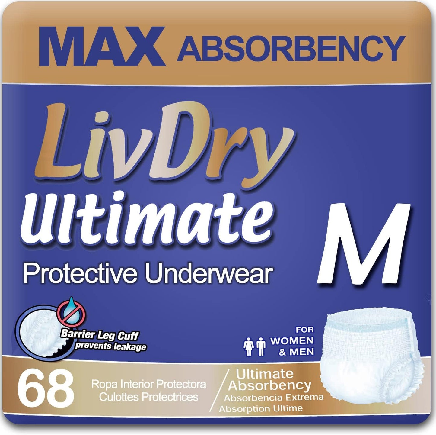 LivDry Ultimate Adult Incontinence Underwear, Max Absorbent Adult Diapers with Leak Protection, Medium, 68-Pack