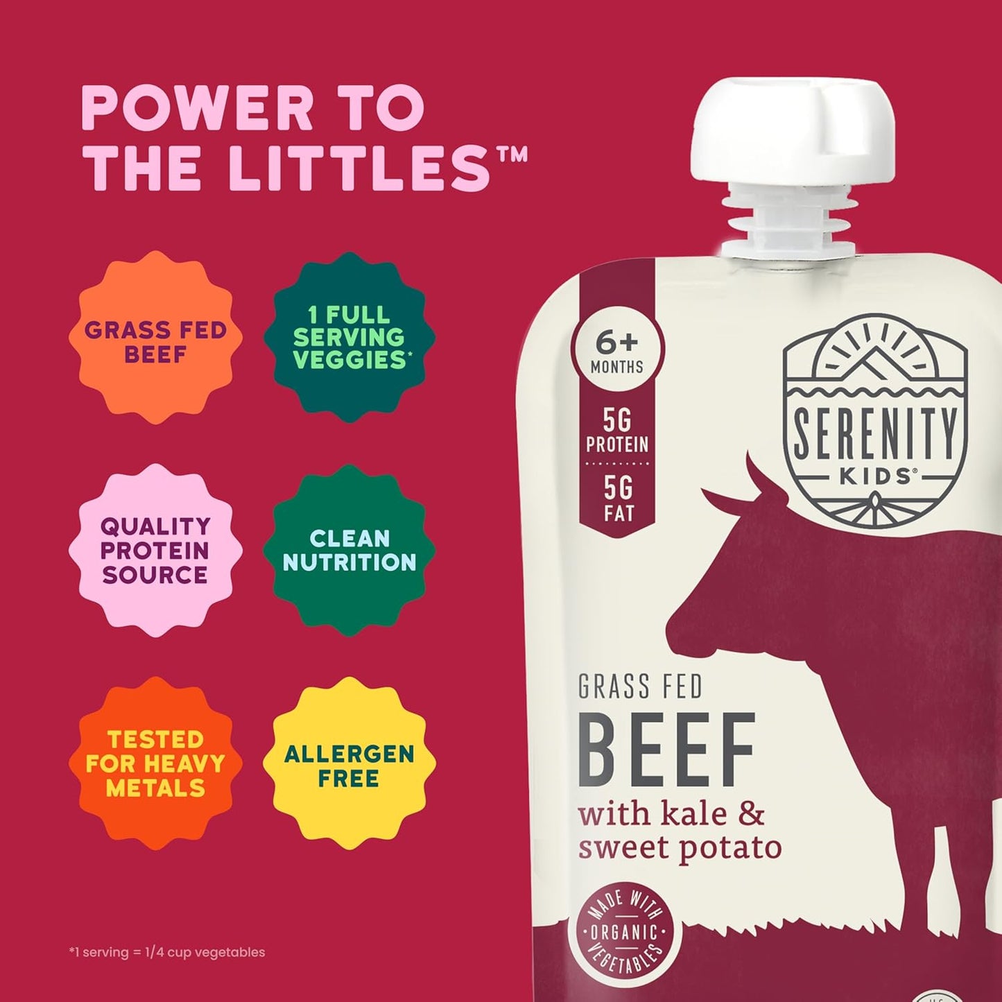 Serenity Kids 6+ Months Baby Food Pouch Puree - Grass Fed Beef, Kale & Sweet Potato - Ethically Sourced Meat & Organic Veggies - BPA-Free, 3.5 Ounce, 12 Count