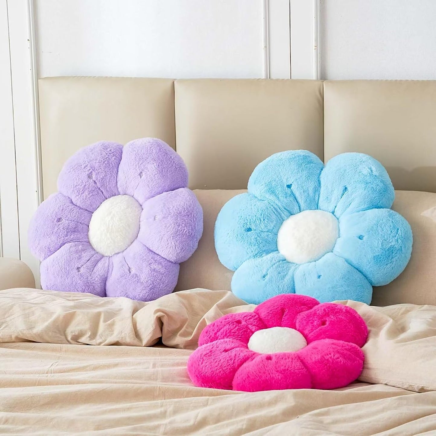 Flower Pillow, Cute Flower Shaped Decorative Pillow, Soft Rabbit Fur Daisy Pillow Home Decor Floor Seating Cushion for Bedroom Living Room (Blue 14.9 Inch)
