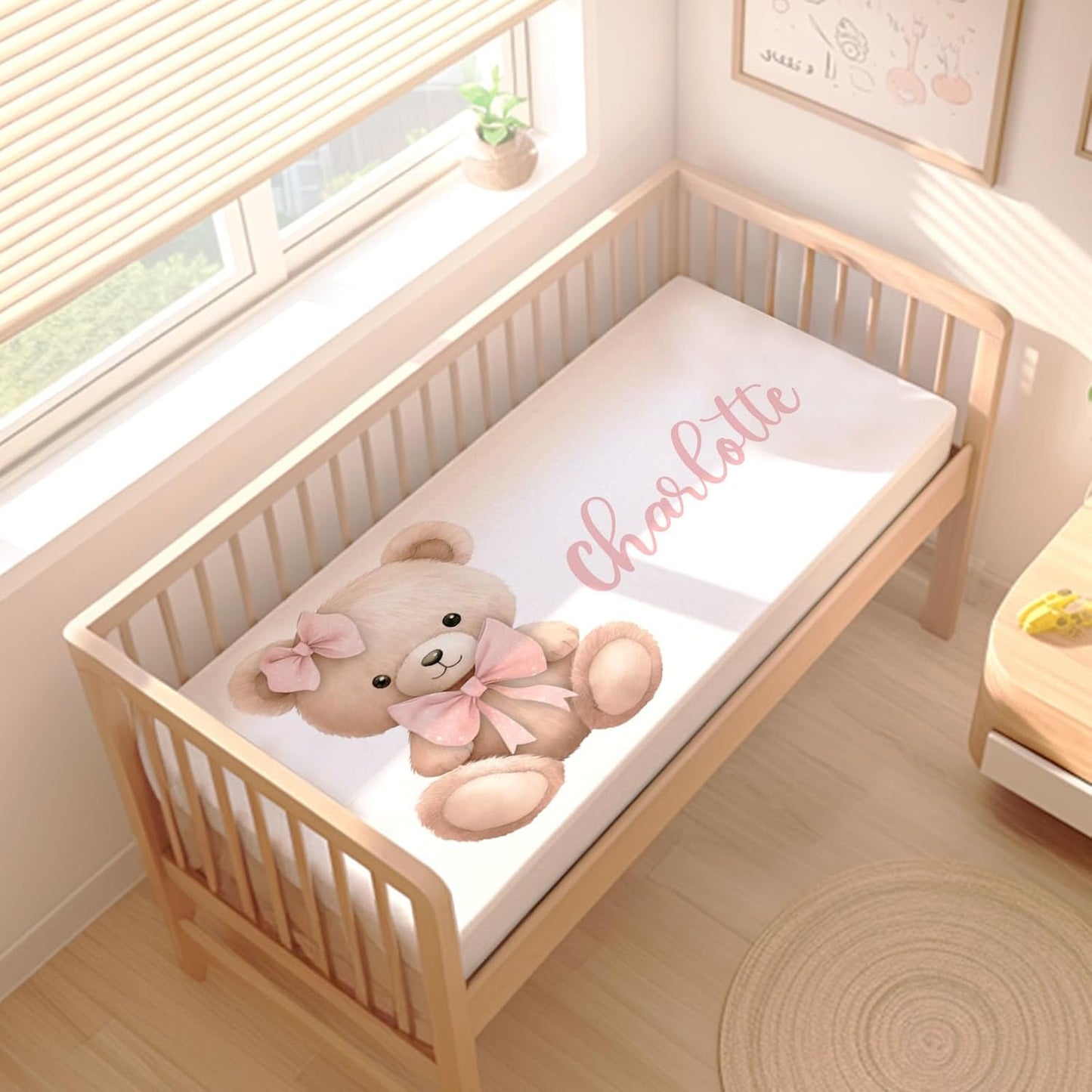 Custom Name Baby Girl Crib Bedding Set – Personalized 3-Piece Bear with Pink Bow Nursery Set with Soft Blanket, Fitted Crib Sheet & Pillowcase – Infant Toddler Bedding Gift for Newborn