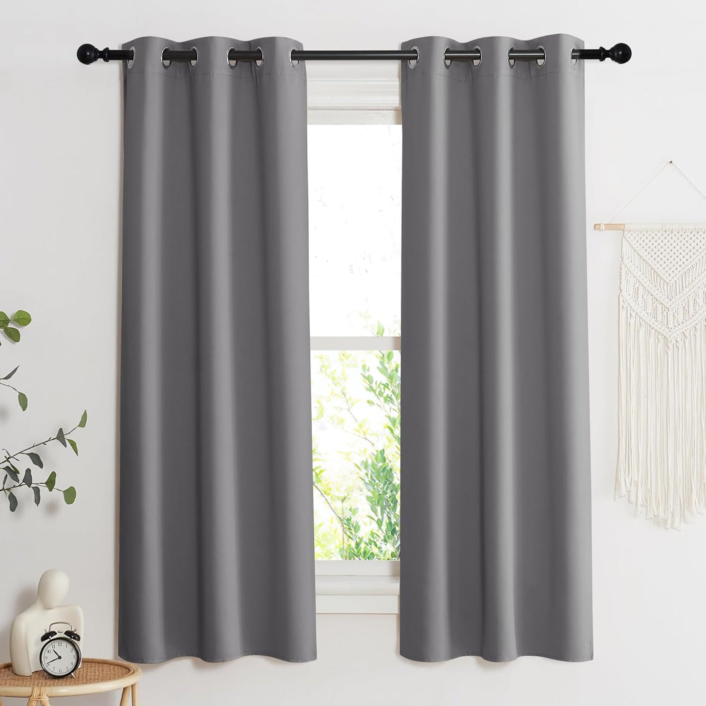 NICETOWN 100% Blackout Short Curtains with Black Liners, 2 Panels, 37" W by 50" L, Grey, Solid Thermal Insulated Full Blackout 2-Layer Lined Drapes, Energy Efficiency Window Draperies for Bedroom