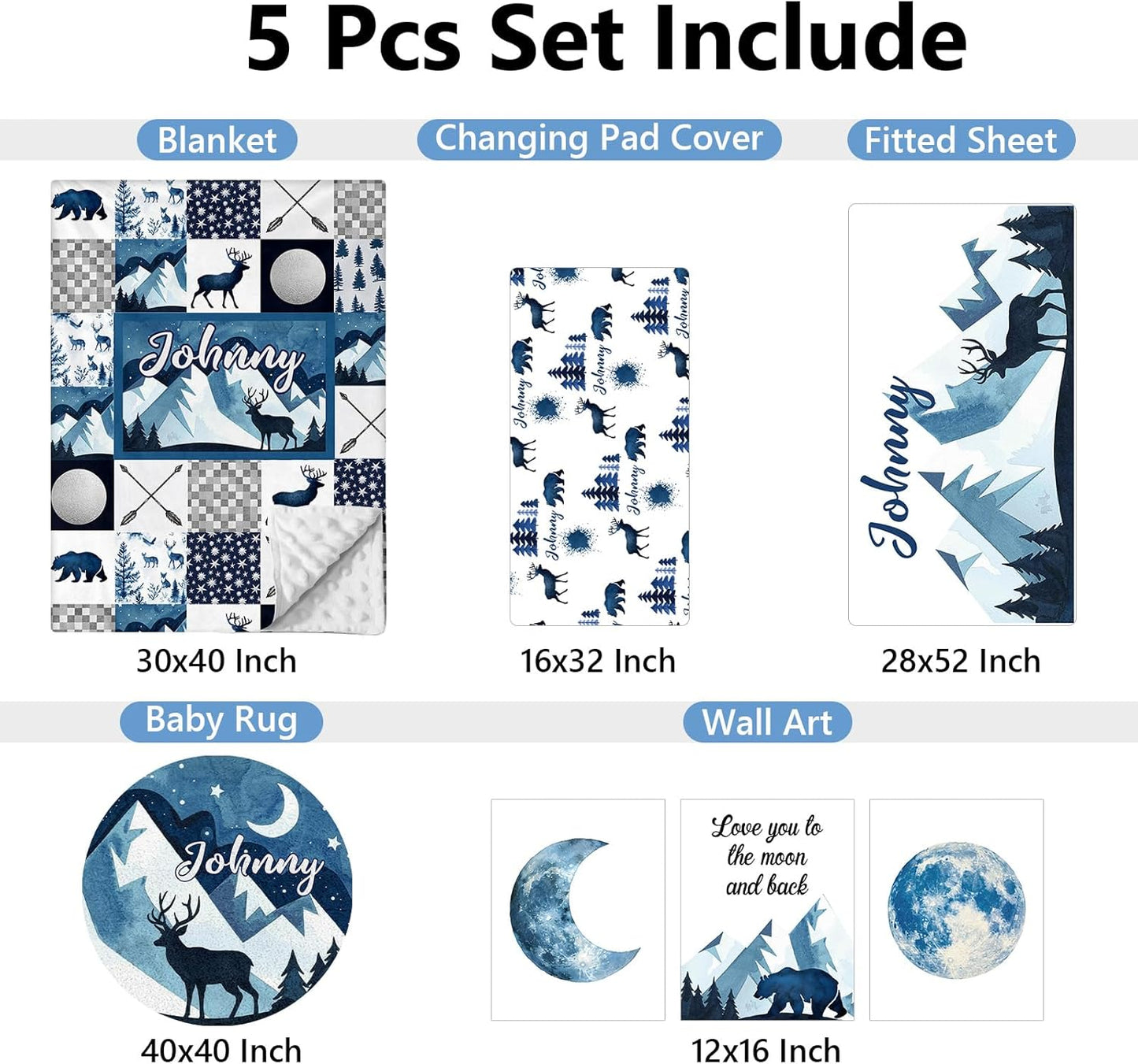 Custom 5-Piece Baby Crib Bedding Set, Personalized Name for Toddlers, Blue Deer Nursery Set for Boy Girl, Double Layer Infant Crib Set, Customized Gifts