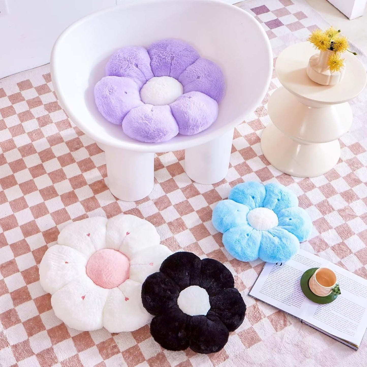 Flower Pillow, Cute Flower Shaped Decorative Pillow, Soft Rabbit Fur Daisy Pillow Home Decor Floor Seating Cushion for Bedroom Living Room (Blue2 14.9 Inch)