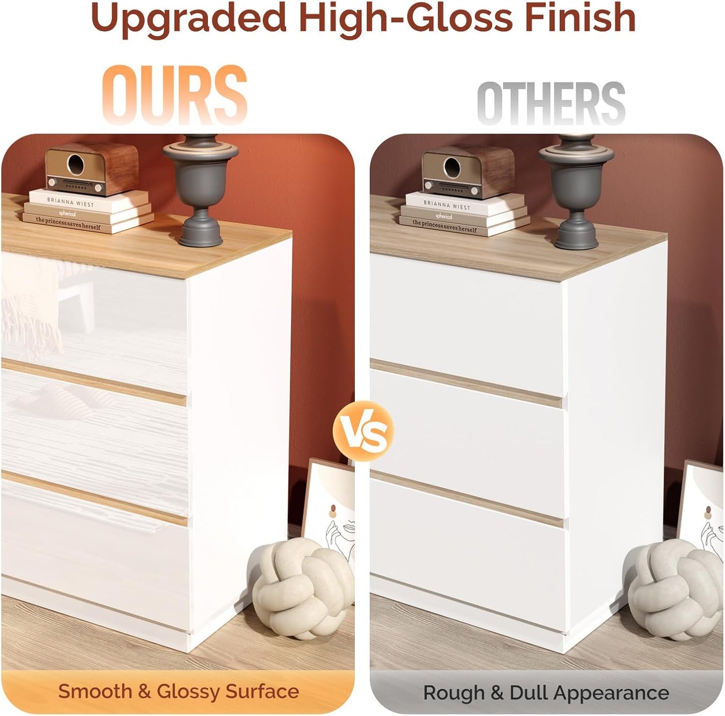 VINGLI White Dresser High Gloss Chest of Drawers, 6 Drawer Dresser for Bedroom, Modern Dressers Wood, Brown Top, 47.2" W x 15.75" D x 31.5" H