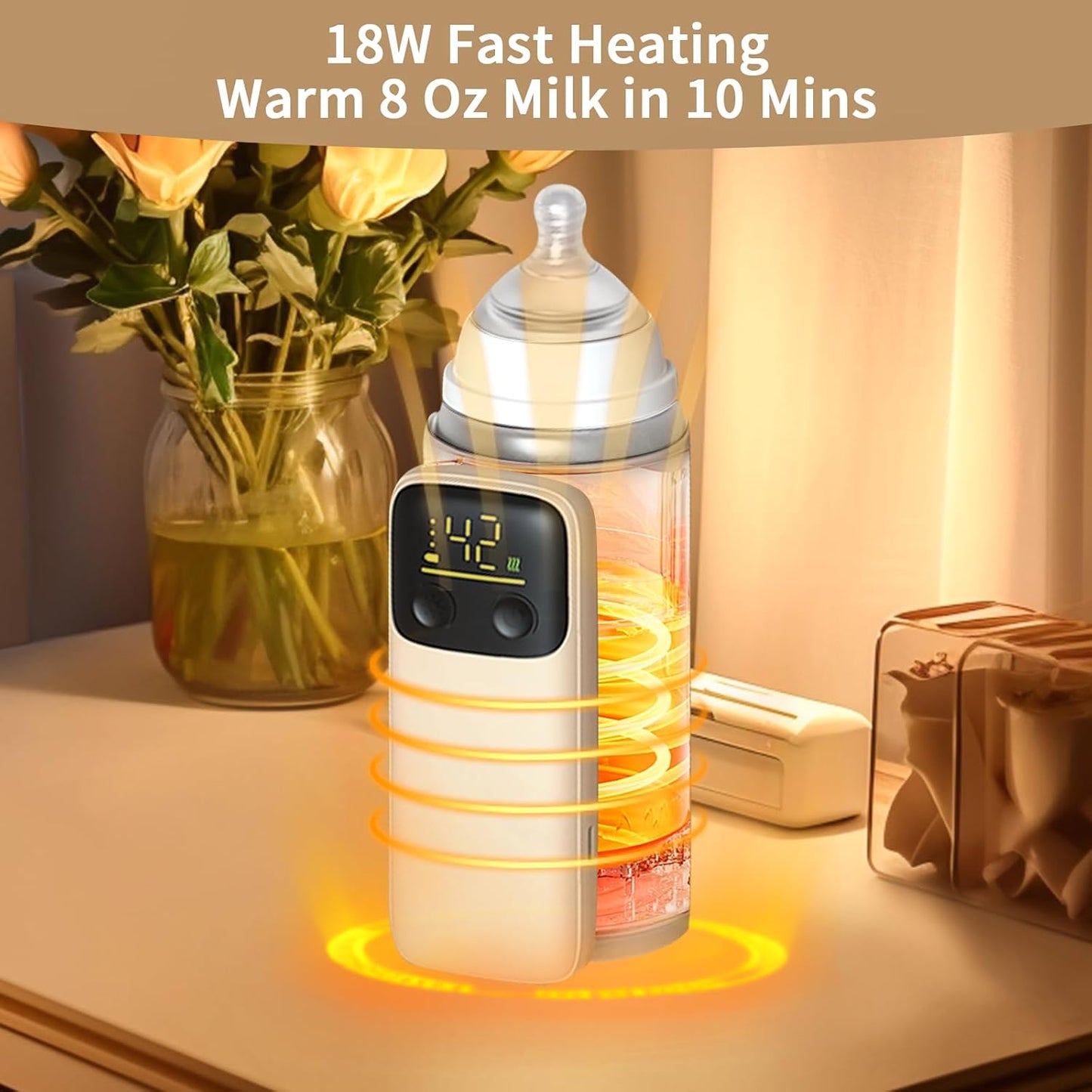 Portable Bottle Warmer, Travel-Friendly, Leak-Proof, Precise Temp-Control & LCD Display, Long Battery Life for Constant-Warm for 5-8 Hours, Feeding While Charging, Fast-Charging