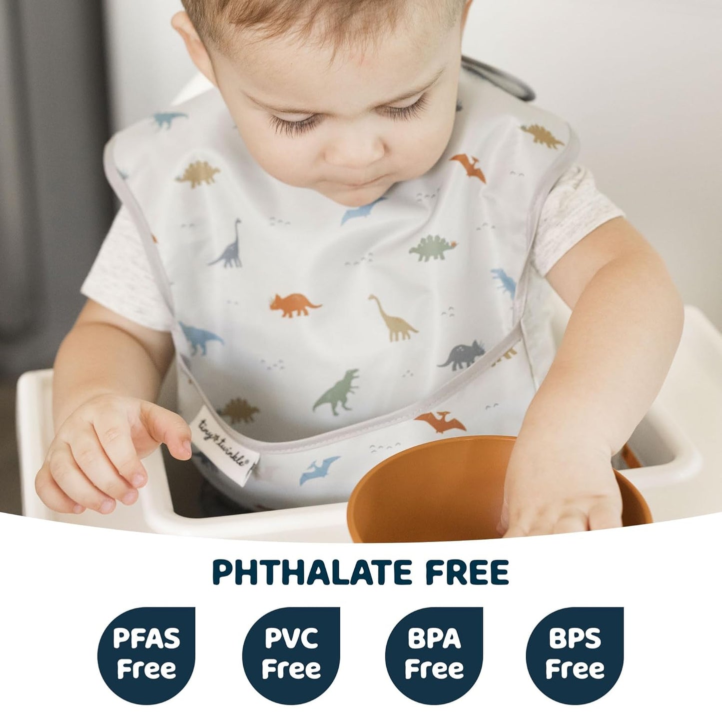 Tiny Twinkle Mess Proof Baby Bibs for Eating - Waterproof, Wipeable Bibs - Toddler Bib- Travel Friendly - PFAS, PVC, BPA, Phthalate Free - Baby Food Bib (3 Pack,Dinosaur)