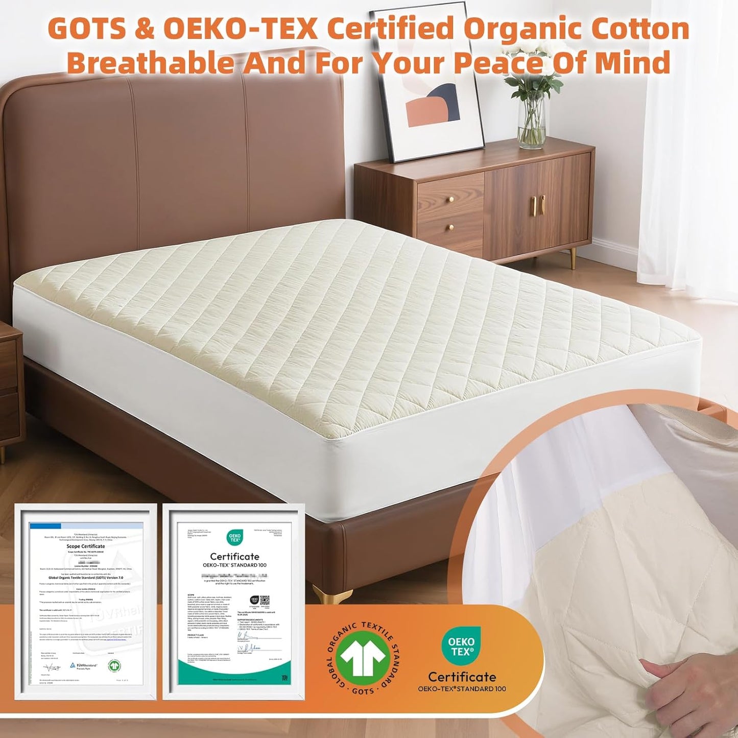 Lofe Organic Cotton Queen Mattres Protectors - Top&Side 100% Waterproof Mattress Protectors, Breathable Organic Mattress Protector, Noiseless Queen Mattress Protector Waterproof 80x60x17 in