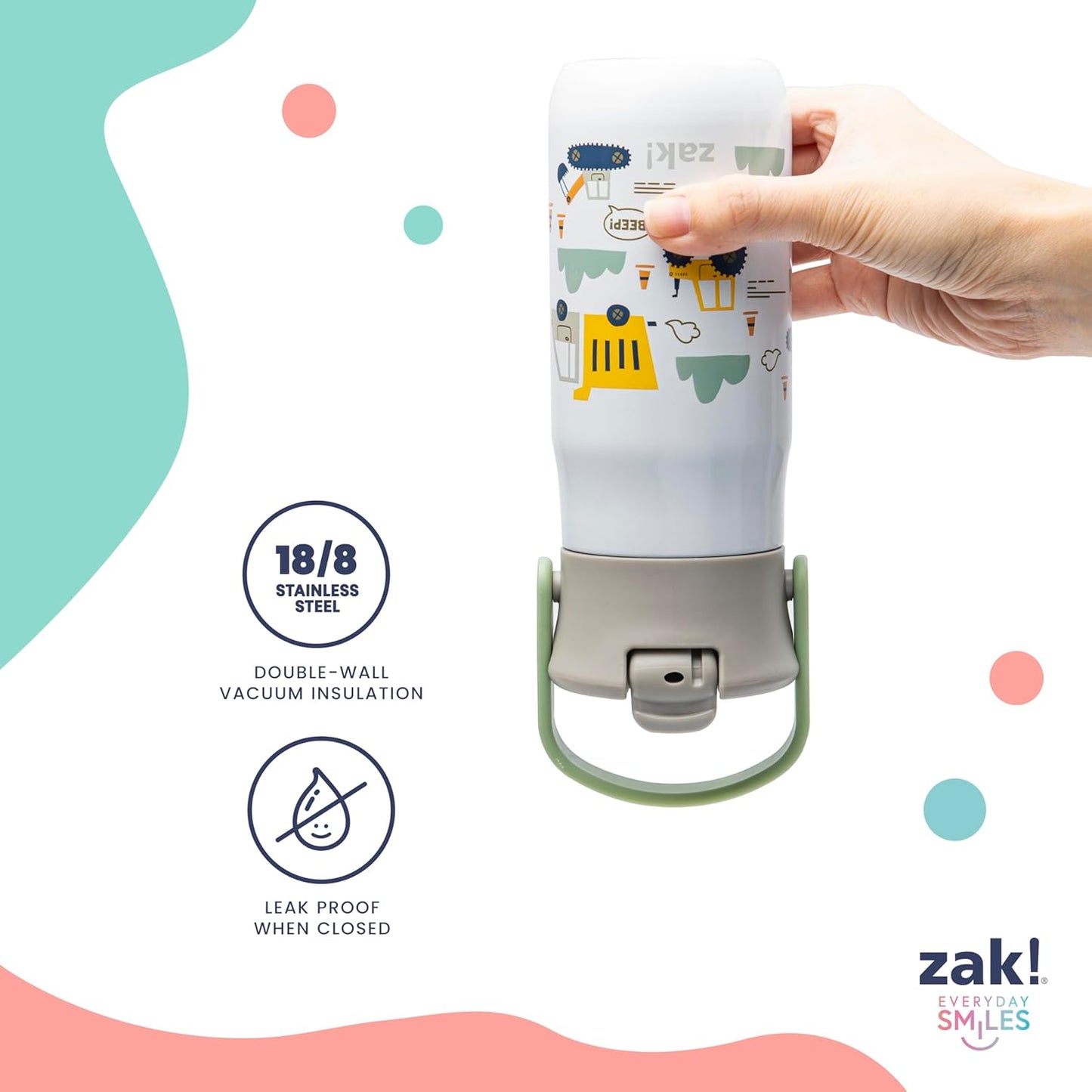 Zak Designs Harmony Kid Water Bottle for Travel or At Home, 14oz Stainless Steel is Leak-Proof and Vacuum Insulated (Dinosaur)