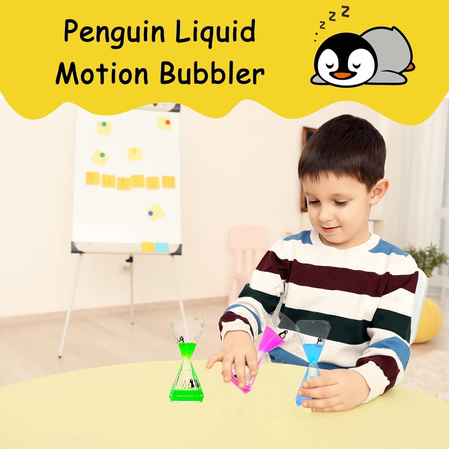 Liquid Motion Bubbler,3 Pack Diamond Shaped Penguin Liquid Timer for Sensory Play,Fidget Toy Stress Management for Kids and Adults,Colorful Calming Relaxing Hourglass