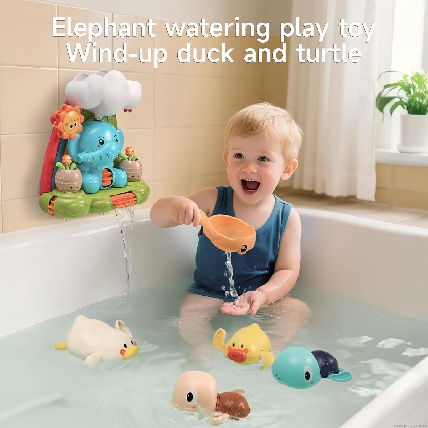 TUMAMA Bath Toys - Infant Garden & Elephant Baby Shower Bathtime,Kids Water Spinner for Tub Pool, 4 Bathtub Wind-Up Toys, Infant 0 3 6 9 Month Newborn Xmas Gift