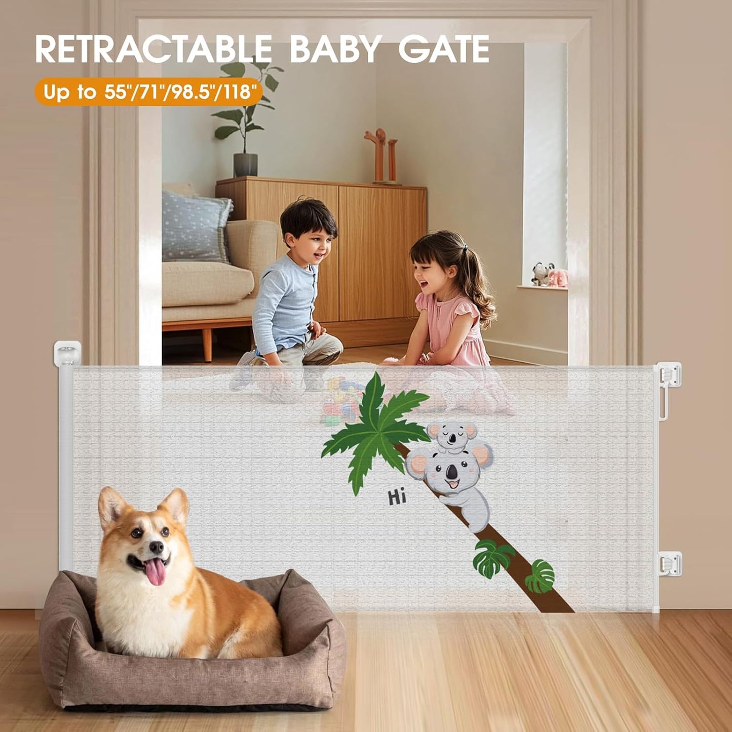 HOMEAL Retractable Baby Gate for Stairs & Doorways, Outdoor Indoor Retractable Mesh Gates for Kids and Pet, Extra Wide Baby Gate for for Deck, Porch, Hallways, Patio(Sloth,Width Up to 71")