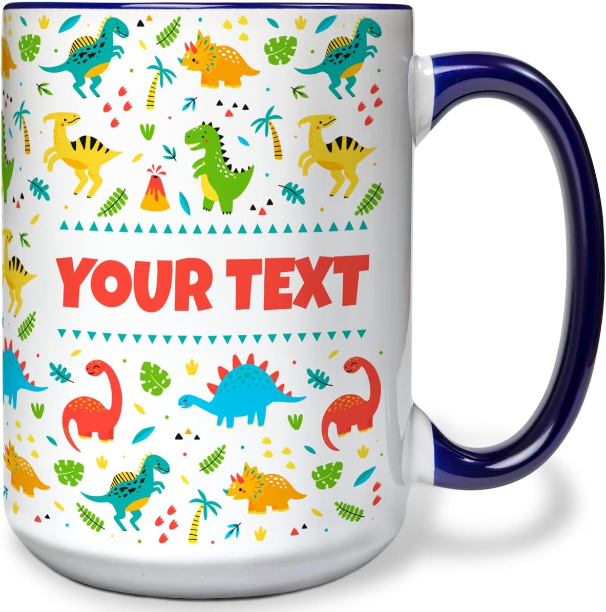 Personalized Mug for Kids - Dinosaurs - Custom Name/Text, Ceramic Hot Chocolate/Cocoa/Coffee Cup for Boys/Girls, Birthday/Christmas/Holiday Gift - 15 oz, Navy Blue Handle