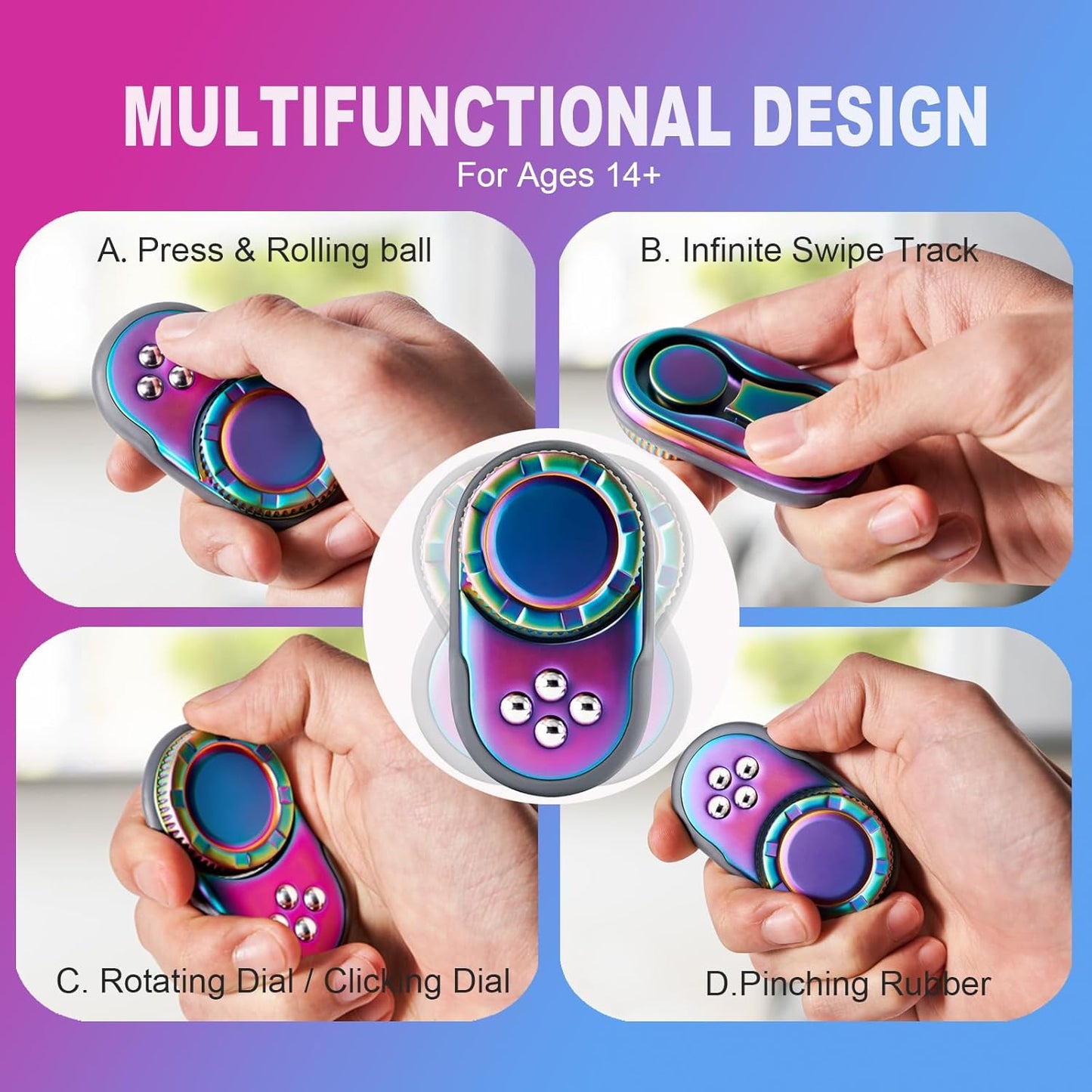 Fidget Toys Adults, OPPKIE Handheld Metal Desk Sensory Fidgets Toy Promotes Focus for Home Office Outdoors, Satisfying Toy for Men Teens Adults, Stress Pressure Anxiety Relief Tools (Rainbow)