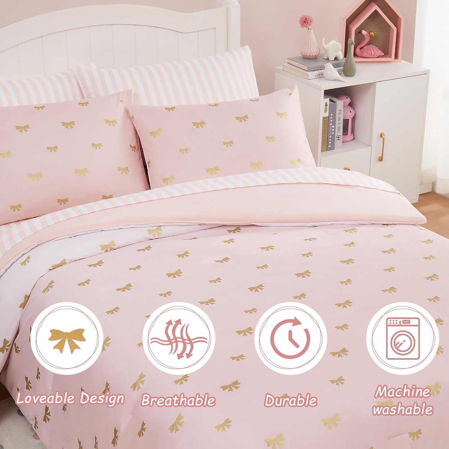 Full Size Comforter Sets with Sheets for Girls-7 Pieces Full Size Bedding Sets with Pink Comforter, Sheets, Pillowcases & Shams for Kids (Pink Gold Bow, 76" X 86")