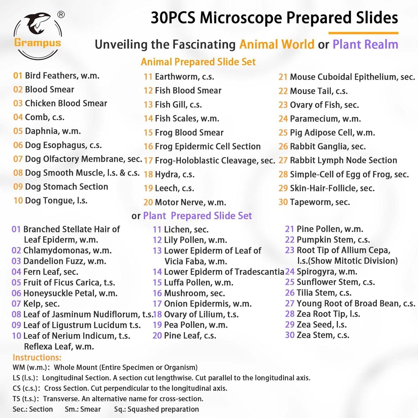 30 Prepared Microscope Slides with Specimens for Kids Students-Animal and Plant Microscope Slide Sets - Random Delivery (Either One Set) for Biological Lab, Children's Science Education, Homeschooling