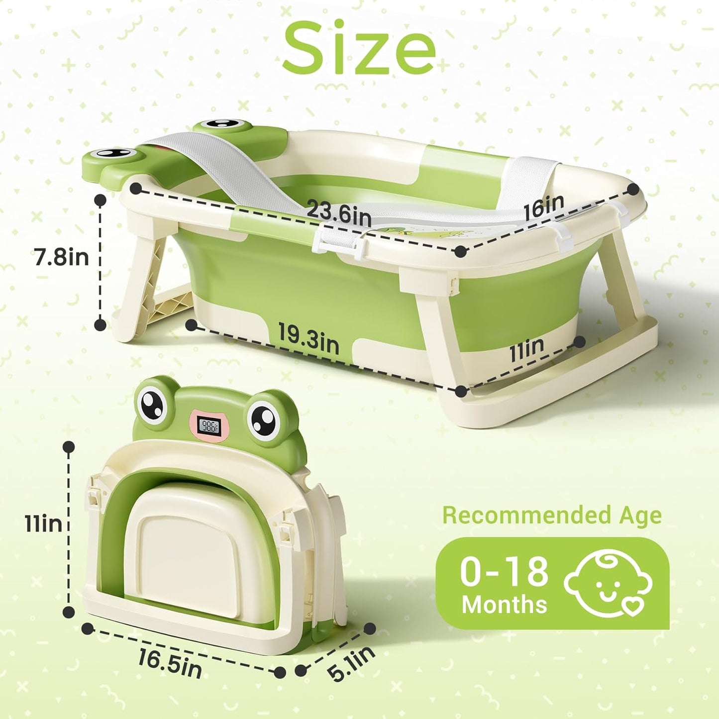 Baby Bathtub, Collapsible Newborn Bathtub for Infant to Toddler 0-24 Months with Soft Cushion and Thermometer,Portable Travel Newborn Tub with No-Slip Feet, Baby Shower Gifts,Green