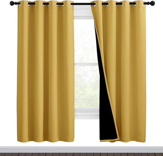 NICETOWN Bright Yellow Full Shade Curtain Panels, Pair of Thermal Insulated & Energy Efficiency Blackout Drapes for Living Room Windows, Lined Silky Performance Window Dressing (46" Wide x 72" Long)