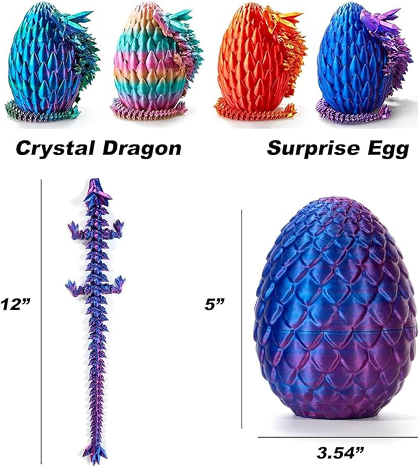 Dragon Egg,3D Printed Articulated Dragon,Dragon Eggs with Dragon Inside,Dragon Toy,3D Printed Dragon Egg Fidget Toys,New Full Articulated Dragon Crystal Dragon (Rainbow), Medium