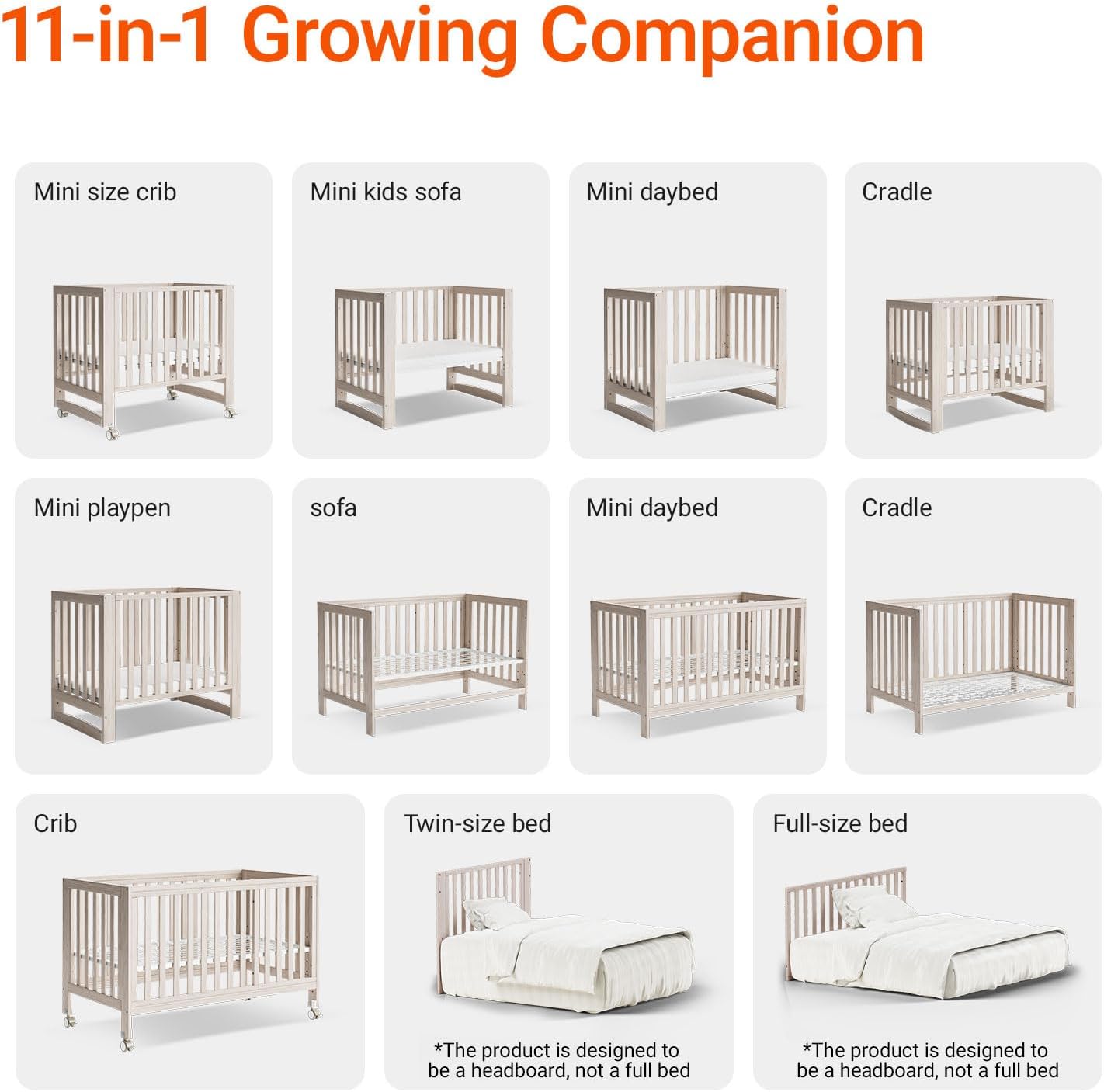 EvoNest Baby Crib, 11 in 1 Convertible Mini Crib with Wheels, 100% New Zealand Wood Growing Bed, 4 Adjustable Mattress Height,Washed Natural