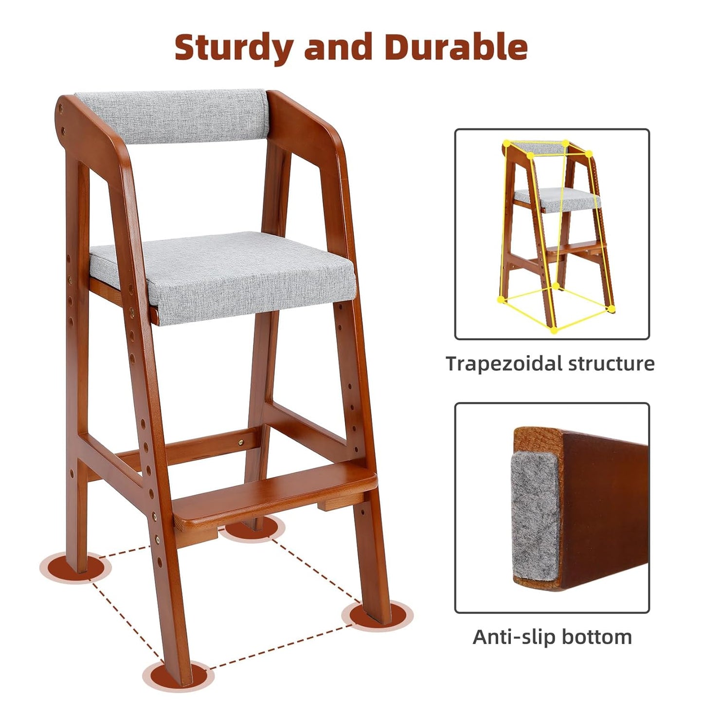 Wooden High Chair for Toddlers, Adjustable Dining Feeding Chair with Removable Cushion for Child, High Chair Grows with Your Kid with Steps for Kids Dining, Studying, Step Tool(Nut-Brown)