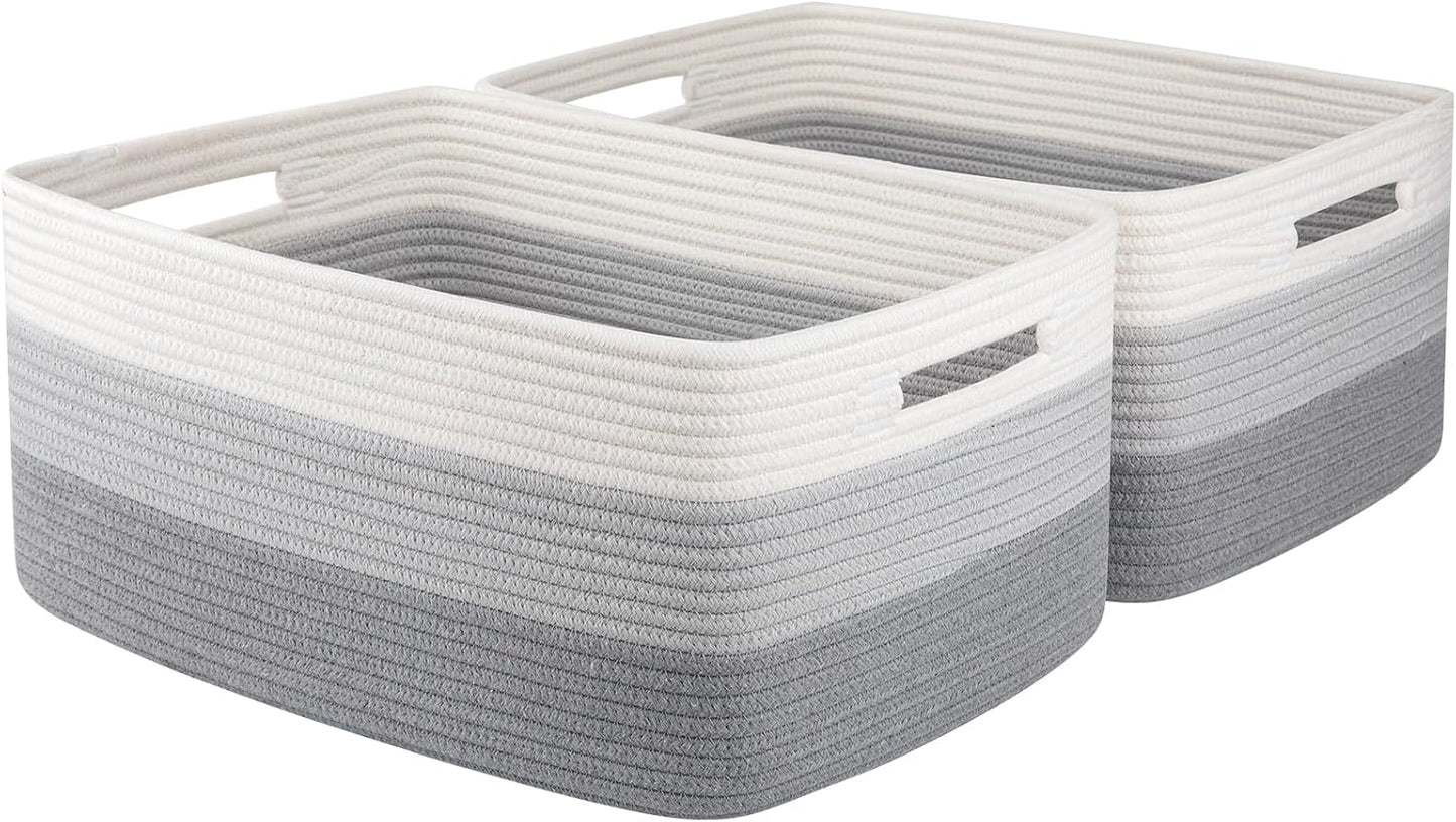 Large Storage Basket for Organizing, Woven Rope Basket for Shelves, Closet Organizer Bins for Clothes, Blanket, Toys, Baby Nursery Storage, 17.7" x 13" x 7.87", 2 Packs Gradient Grey