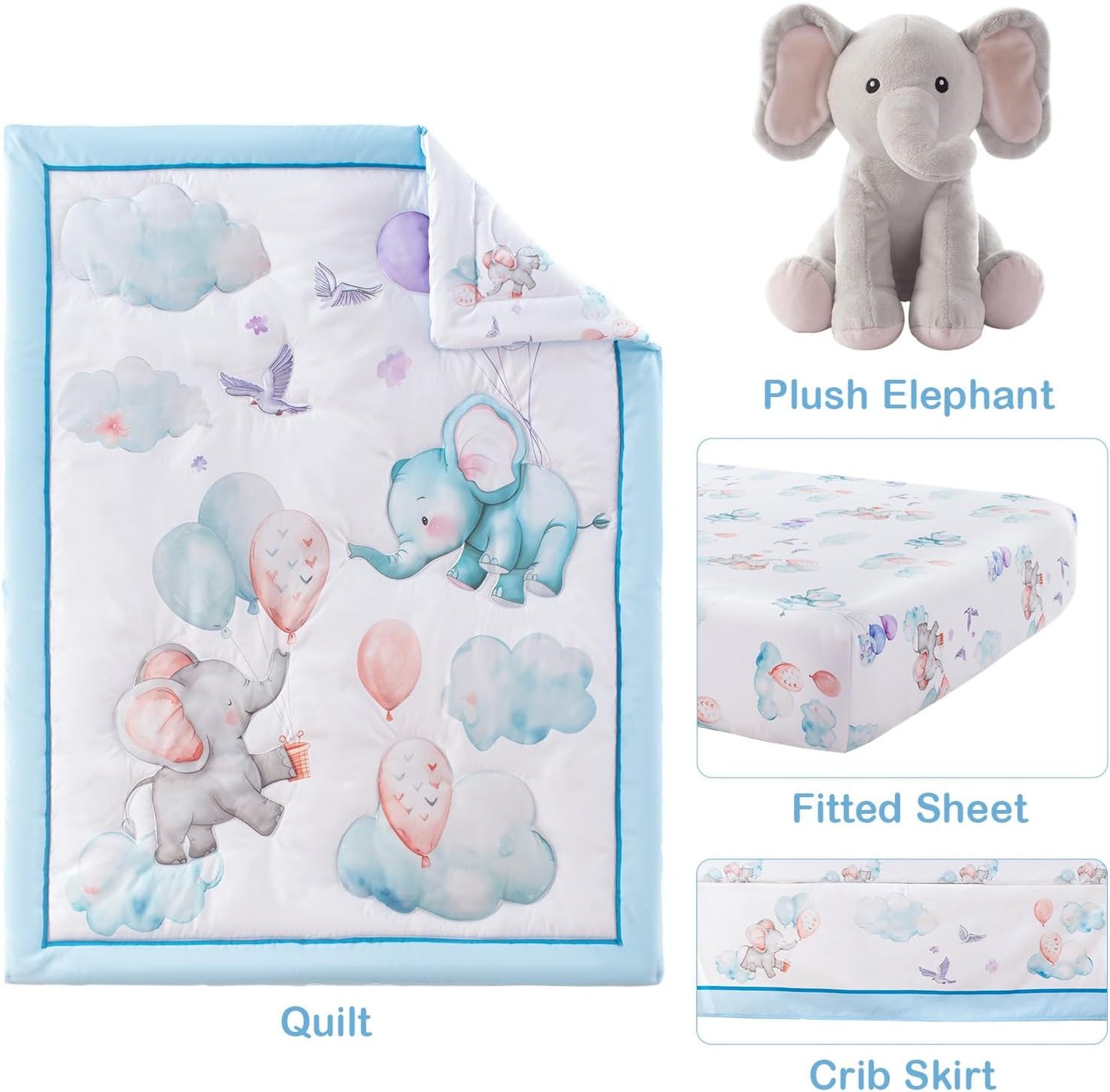 4 Piece Crib Bedding Set for Boys Girls, Infant Toddler Nursery Baby Bedding Sets Includes Cartoon Quilt, Fitted Crib Sheet, Crib Skirt and Plush Elephant Toy