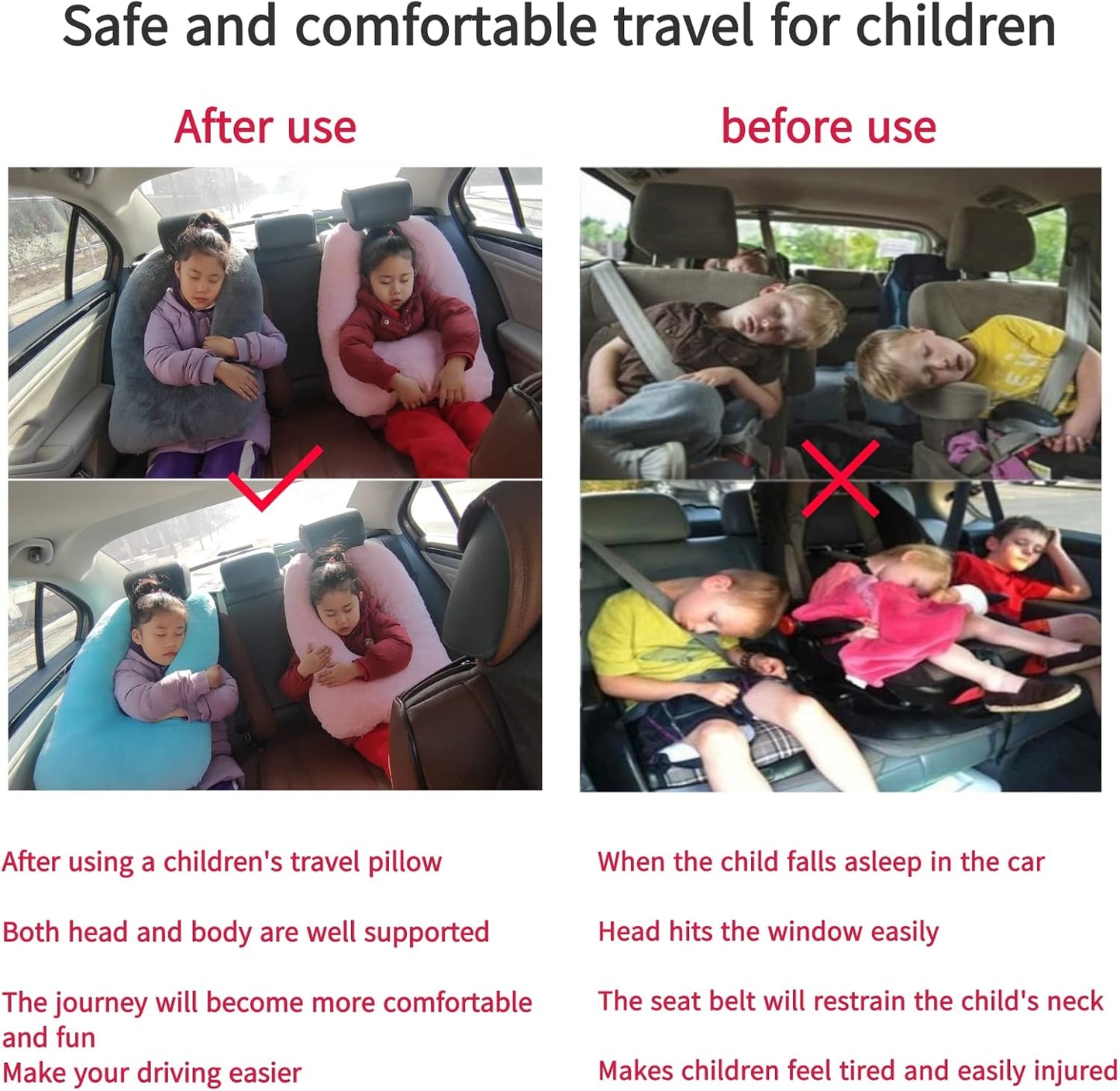 Travel Pillow Car Pillow Kid Car Sleeping The Sleeping Aid for Adults and Kids on Road Trips Kids Travel Pillow Colorful Pink