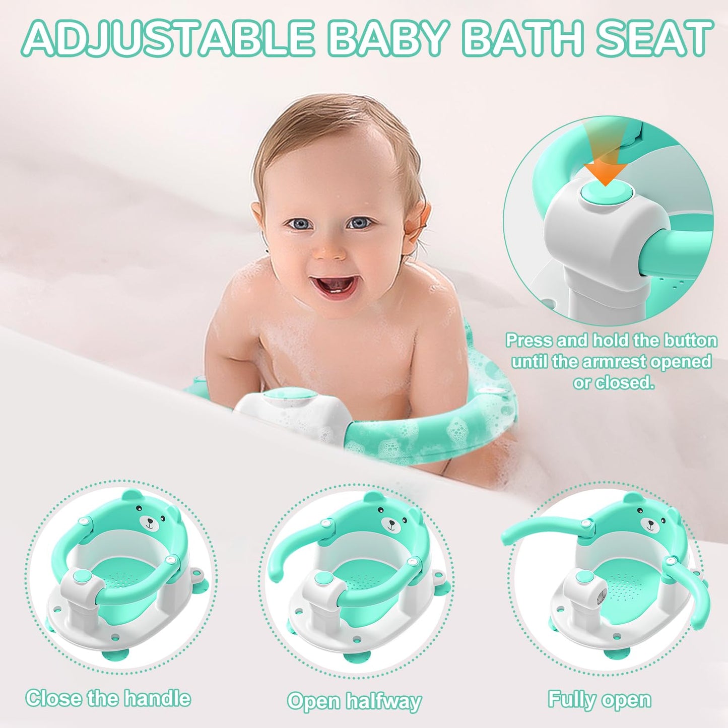 Baby Bath Seat for Babies 6 Months & up, Non-Slip Toddler Bath Seats for Babies Sitting Up, Safe Infant & Newborn Bathtub Chair with 4 Suction Cups & Soft Cushion for Shower,Mint