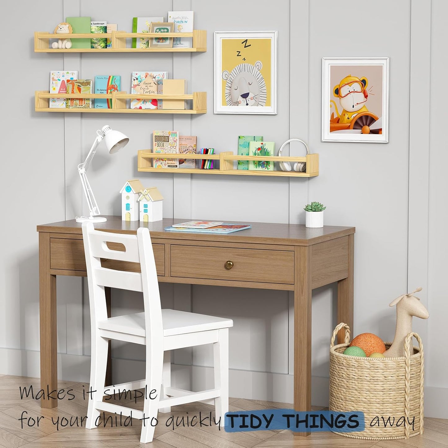 Floating Nursery Book Shelves for Wall, 32 Inch Long Bookshelf for Kids Room, Wooden Large Wall Shelf with Hanging Rod for Baby Toddler Child Bedroom (3-Pack, Natural Wood)