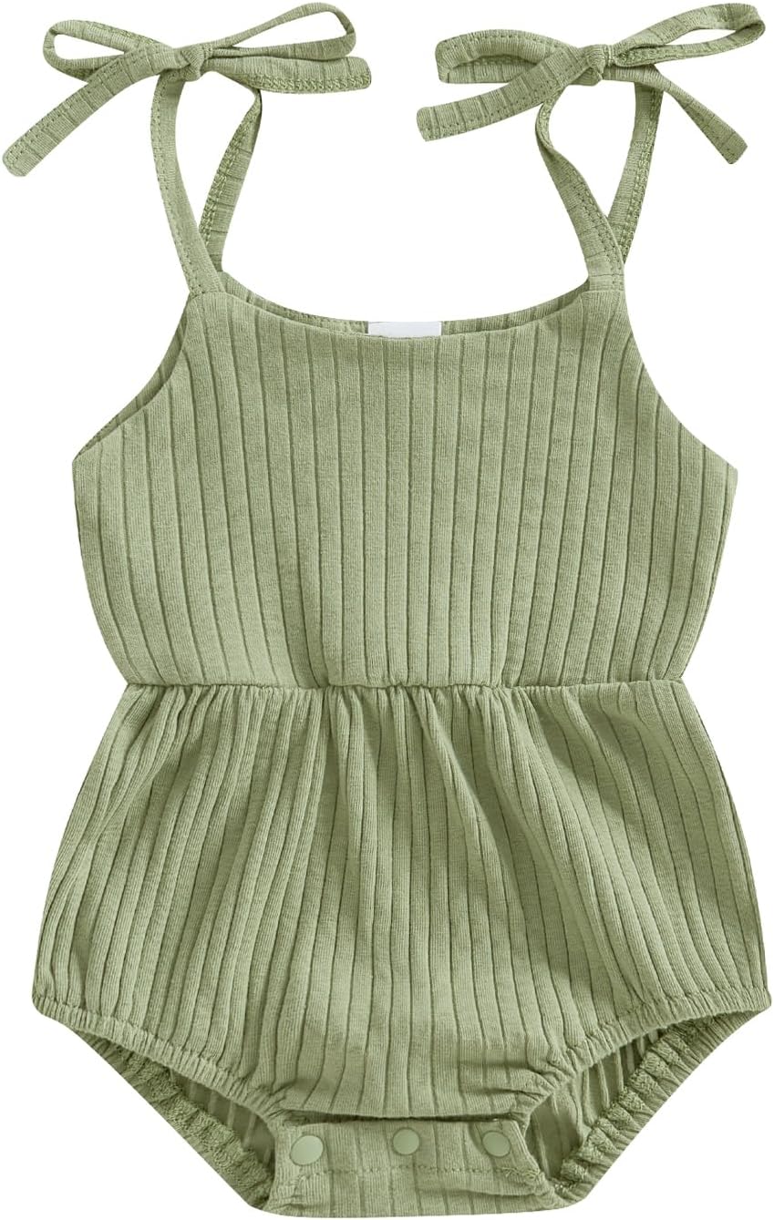 Newborn Infant Baby Girl Romper Ribbed Knit Sleeveless Spaghetti Strap One Piece Jumpsuit Bodysuit Summer Clothes