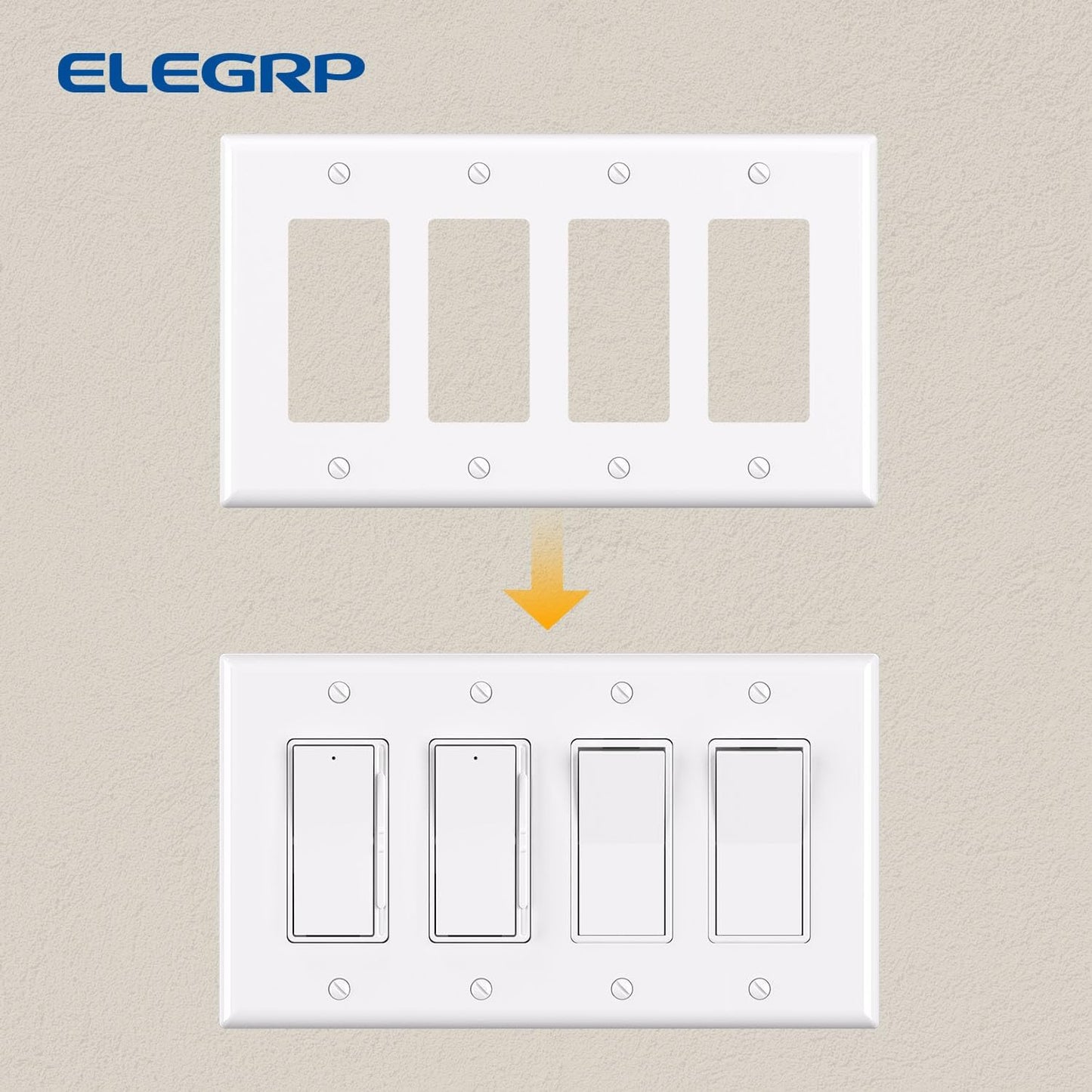 ELEGRP 4-Gang Decorative Wall Plates, Mid-Size 4.88" H x 8.57" L Unbreakable Thermoplastic Faceplate Cover for Decorator Receptacle Outlet Switch, UL Listed (2 Pack, Glossy White)