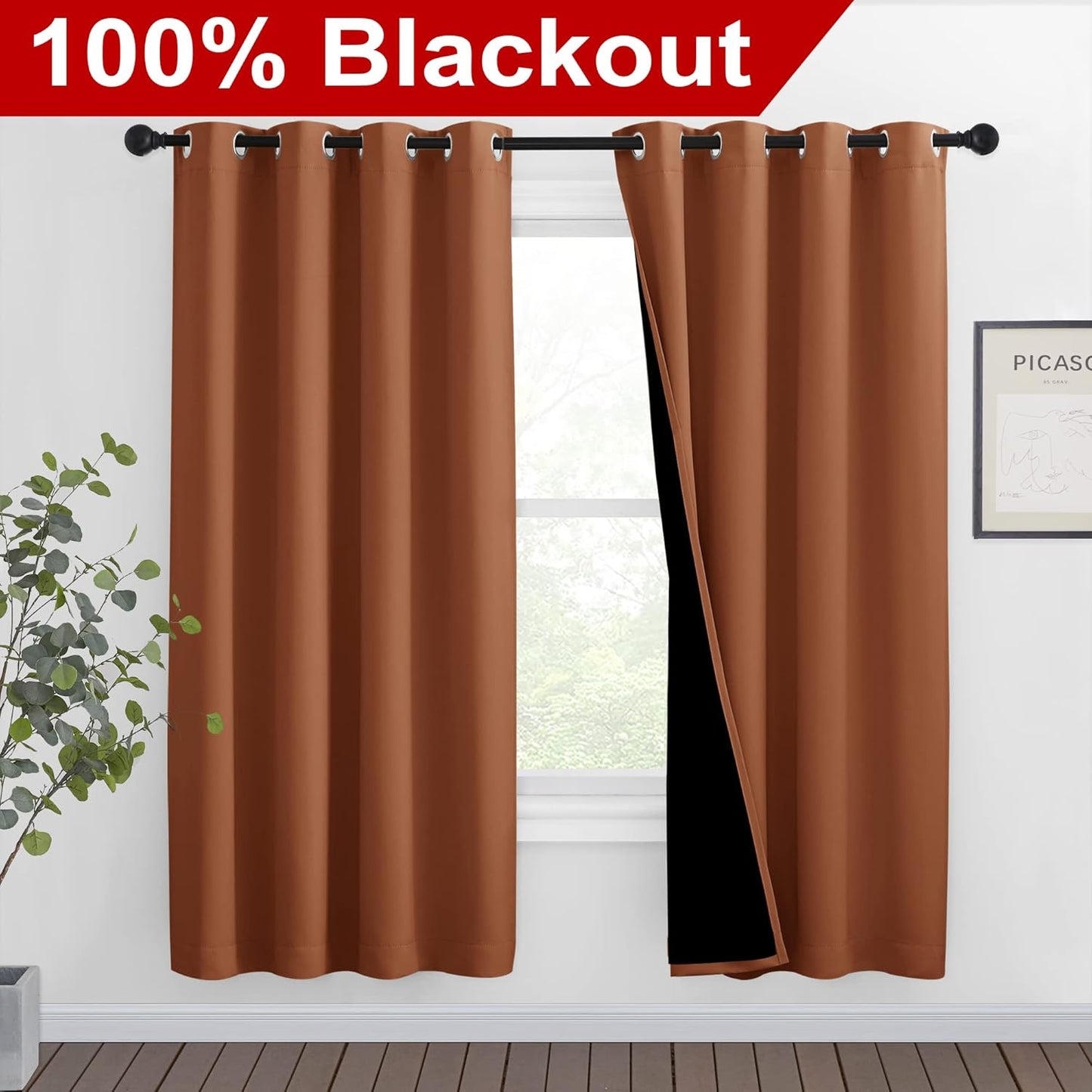 NICETOWN 100% Blackout Window Curtain Panels, Full Light Blocking Drapes with Black Liner for Nursery, 72-inch Drop Thermal Insulated Draperies (Burnt Orange, 2 Pieces, 46-inch Wide Per Panel)