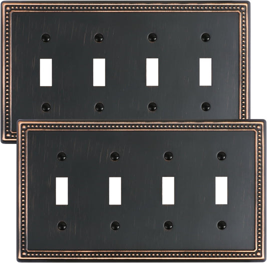 2-Pack Quad Toggle Light Switch Cover Plate, 4 Gang Metal Switch Plate Covers, Aged Bronze Pearls Decorative Wall Plate, Corrosion Resistant