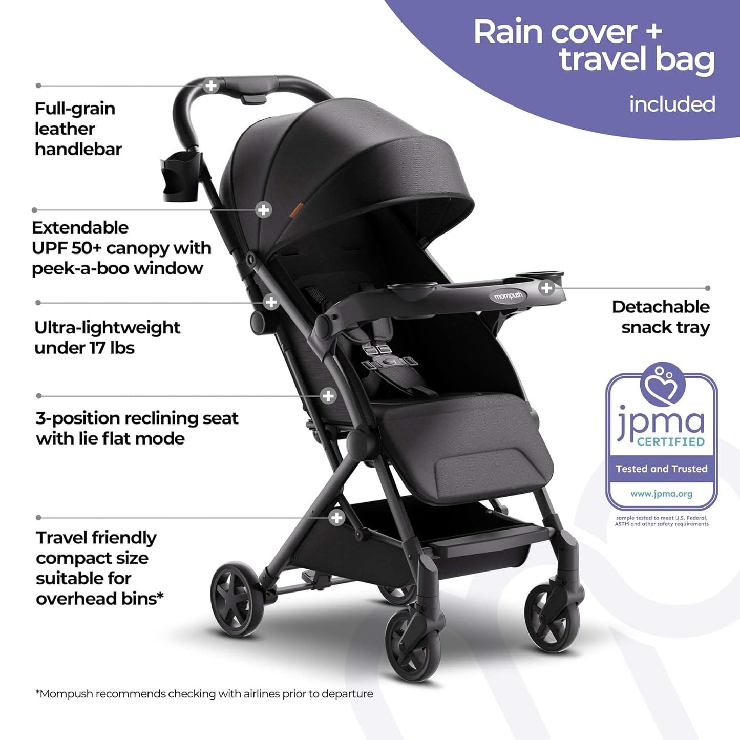Mompush Lithe V2 Lightweight Travel Stroller, Compact Foldable Baby Stroller with Travel Bag, One-Hand Fold Stroller, Snack Tray, Mechanical Recline Seat, Airplane-Ready, UPF 50+ Canopy & Rain Cover
