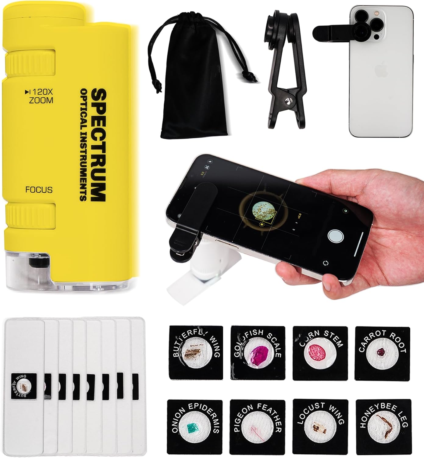 EasyMicro LED Lighted Pocket Microscope 60-120X Magnification Yellow Color