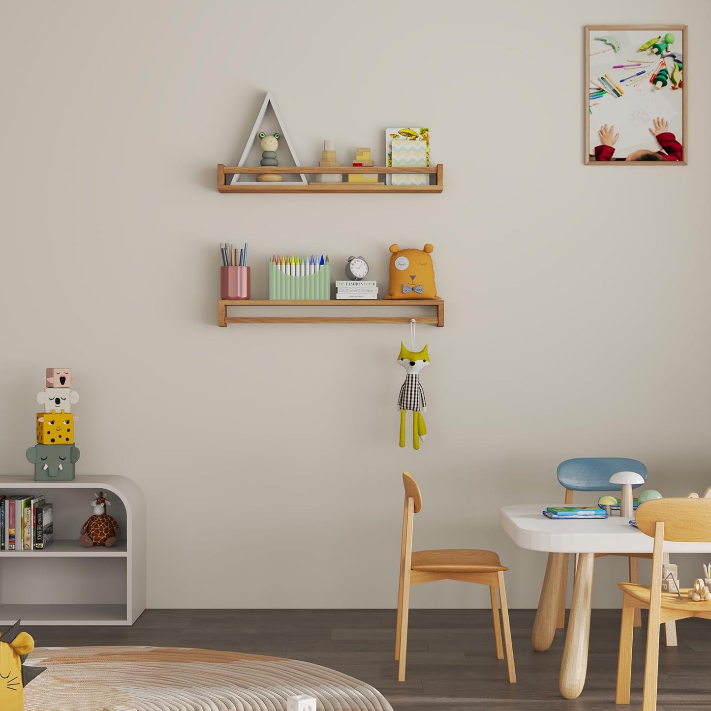 Heimlove Nursery Floating Shelves - 32 inch Solid Wood Wall Mounted Book Shelves for Kids, Set of 3